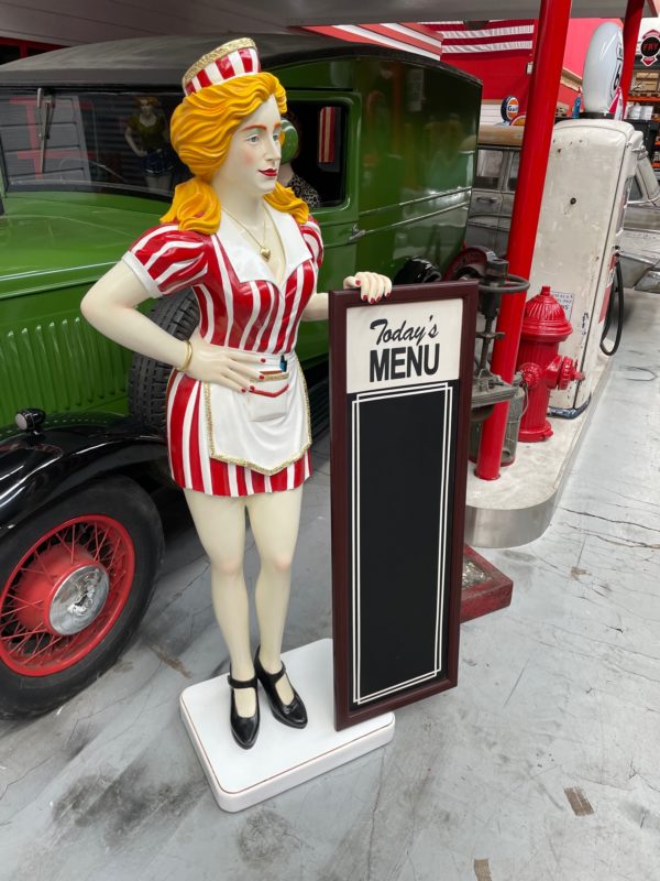 Statue Serveuse vintage avec menu de restaurant 180 cm