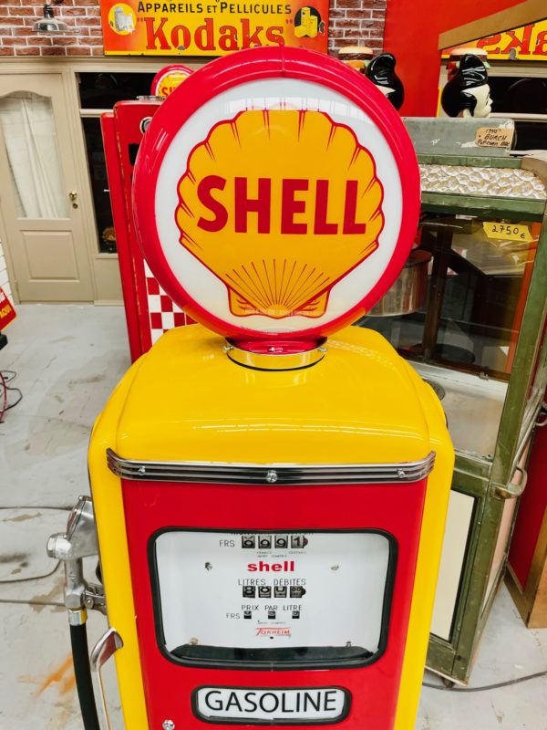 Ancienne pompe à essence Shell française 1955 Restaurée