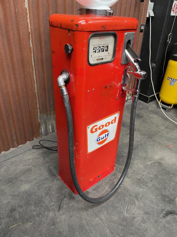 Gulf vintage American gas pump with original patina.